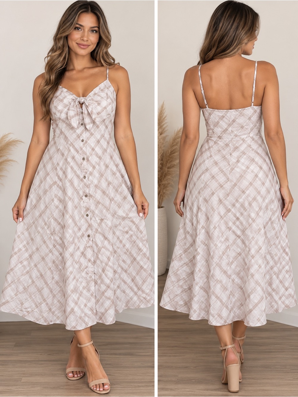 a new day Plaid Tie-Front Midi Dress in Light Taupe and Cream